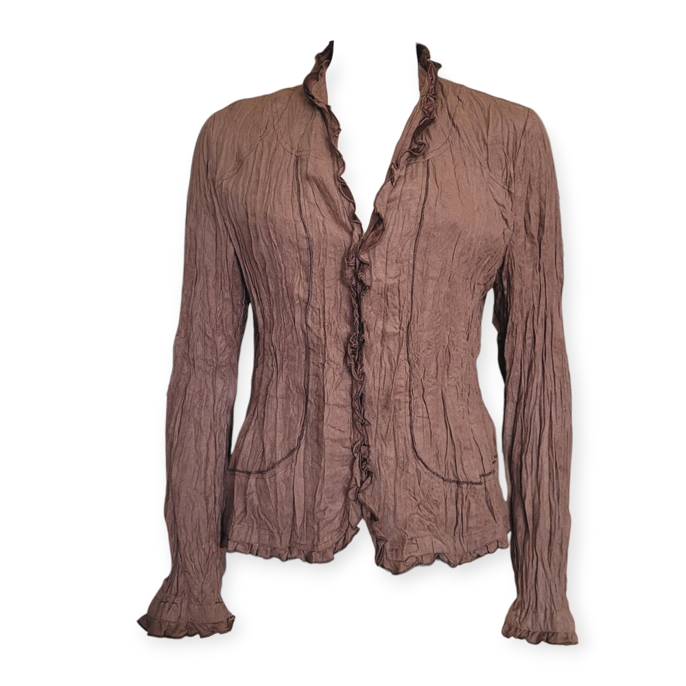 Vintage Y2K Le Grenier Faux Suede Ruffled Blouse Fairy Grunge Brown Size 8